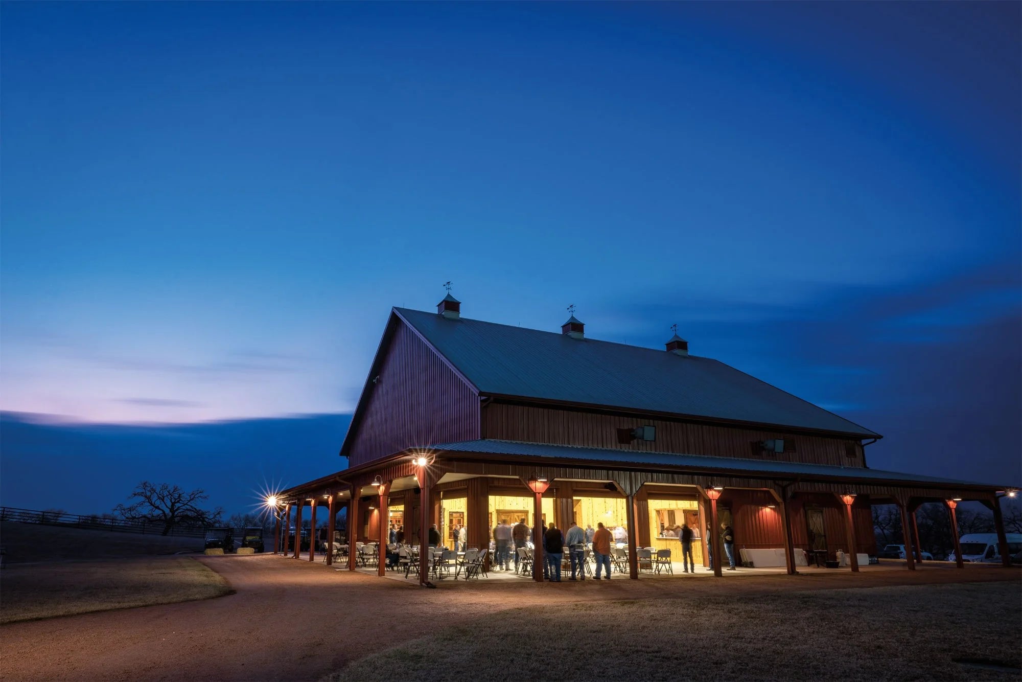 44 Farms red barn front exterior at sunset