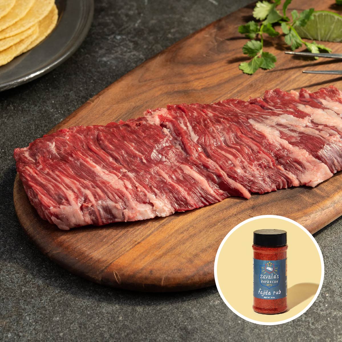 Buy 12 Skirt Steaks get a FREE Zavala's Fajita Seasoning Jar